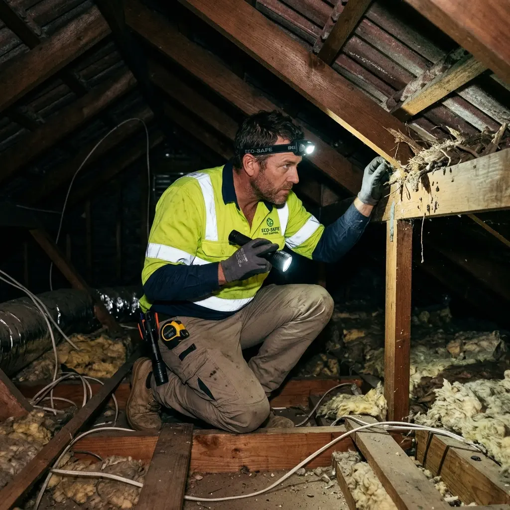 Technician inspecting a roof cavity for a dead animal in Gong Gong