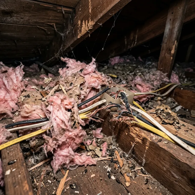 Contaminated ceiling insulation being assessed in a Gong Gong roof space