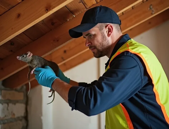 Technician inspecting a roof cavity for a dead rat in Gong Gong
